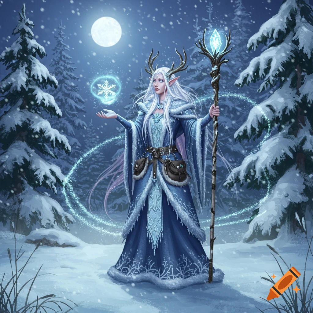 An elegant white-haired snow druid elf with antlers stands in a snowy forest, conjuring a glowing snowflake under a full moon.