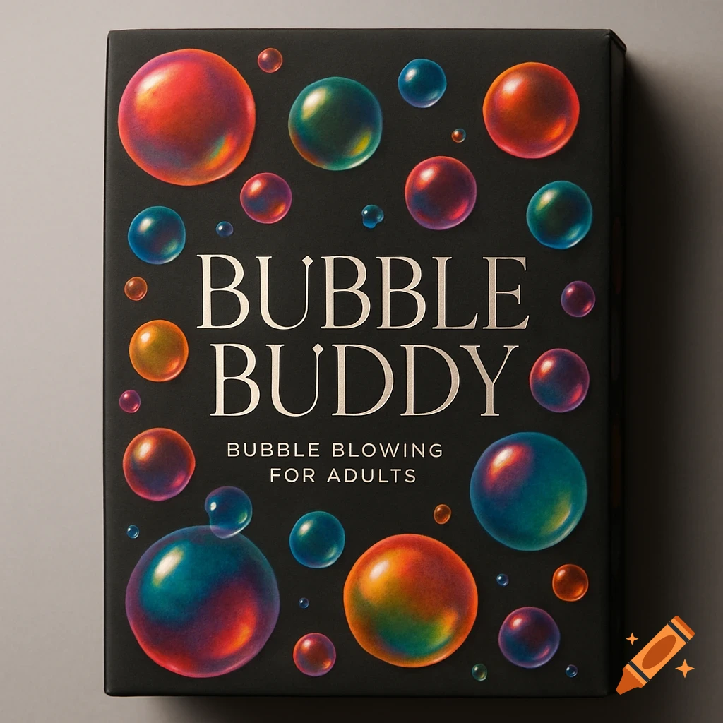 Black product box for 'Bubble Buddy' bubble blowing for adults, featuring colorful iridescent bubbles.