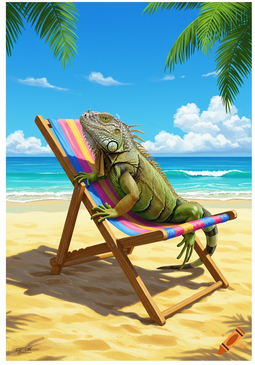 A green iguana with a spiky back relaxes on a rainbow-striped lounge chair on a sunny beach, with palm fronds and blue ocean in the background.