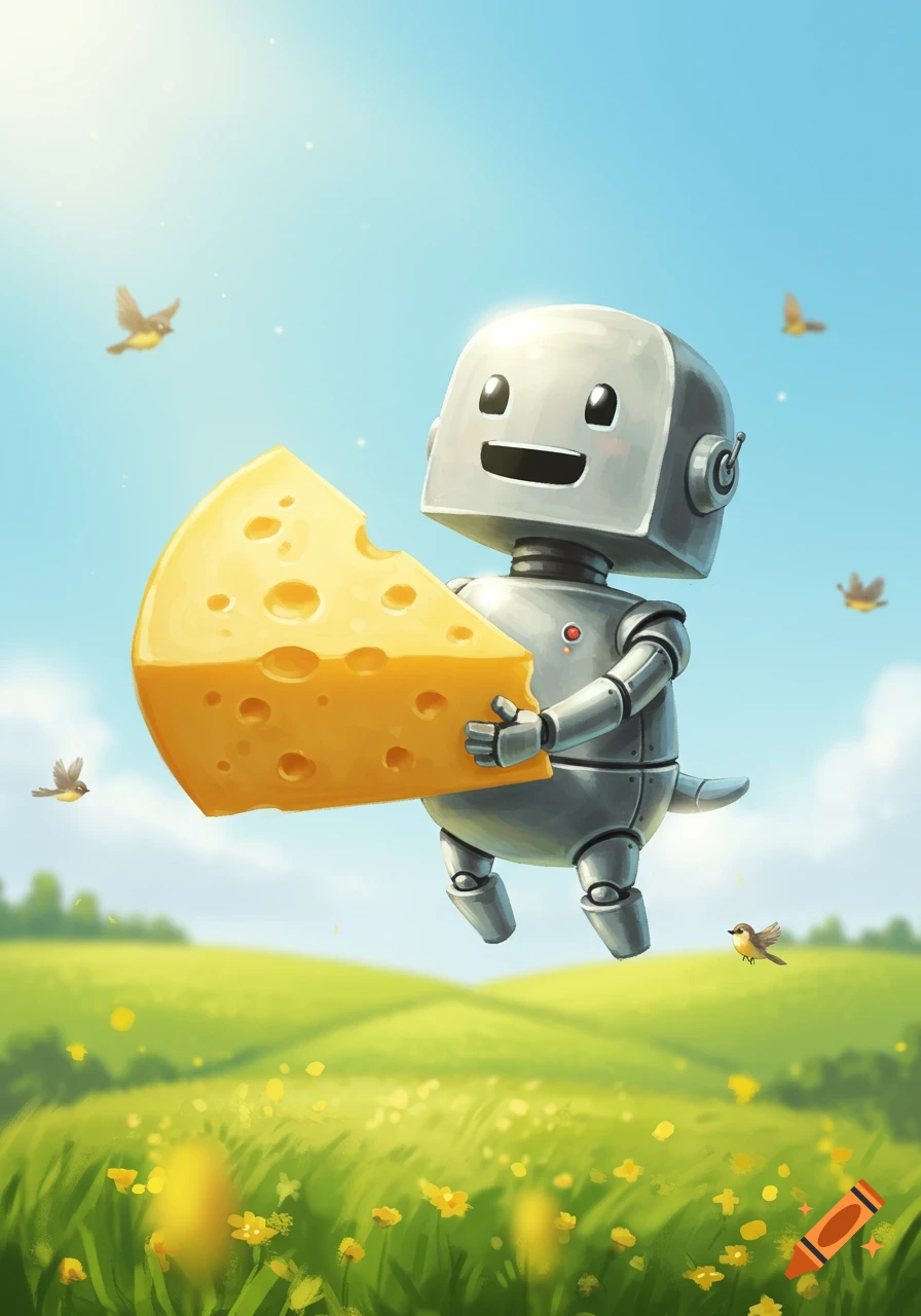 A cute, smiling silver robot floats in a sunny green field, holding a large wedge of Swiss cheese, with birds flying nearby. Cartoon style.