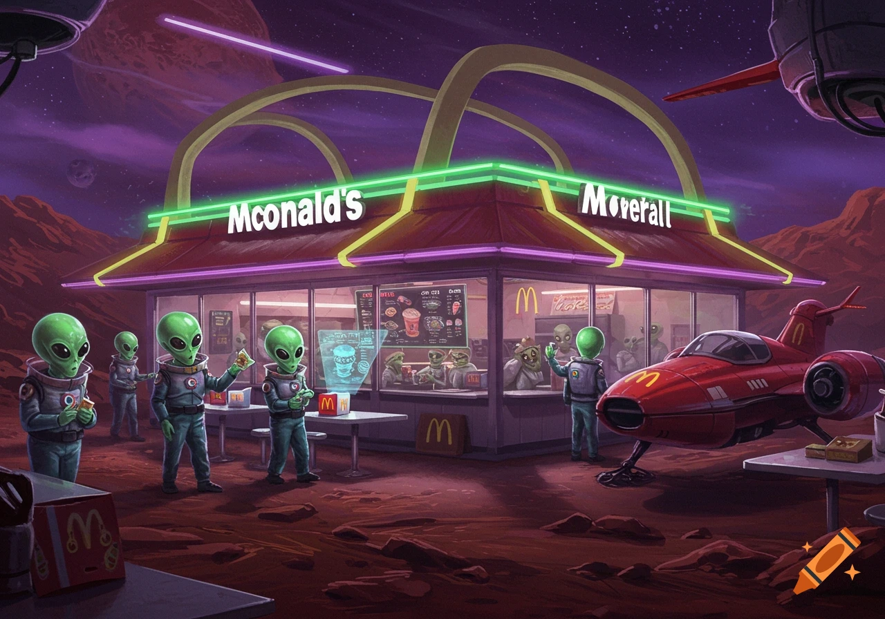 Aliens in spacesuits order food at a neon-lit McDonald's on a red, rocky alien planet with a large purple planet in the sky. A red spaceship is parked nearby.