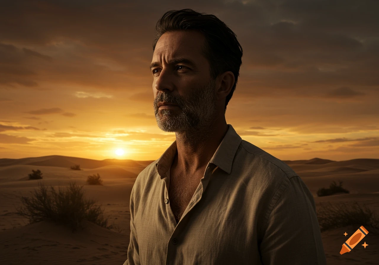 Photorealistic portrait of a bearded man in a linen shirt, looking left at sunset over a desert landscape with dunes.