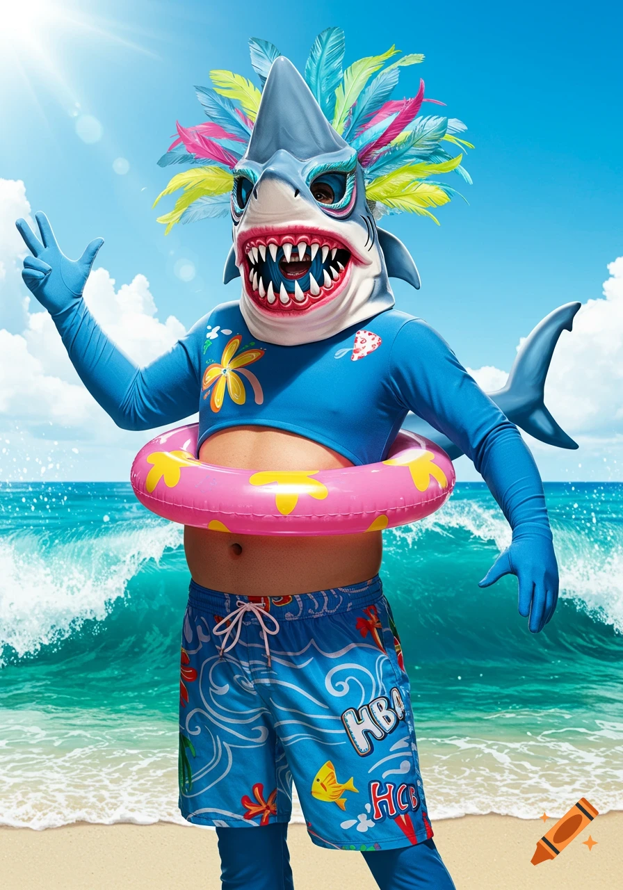 A person in a blue shark costume with colorful feathers, a crop top, swim shorts with a rubber ring, stands on a sunny beach.