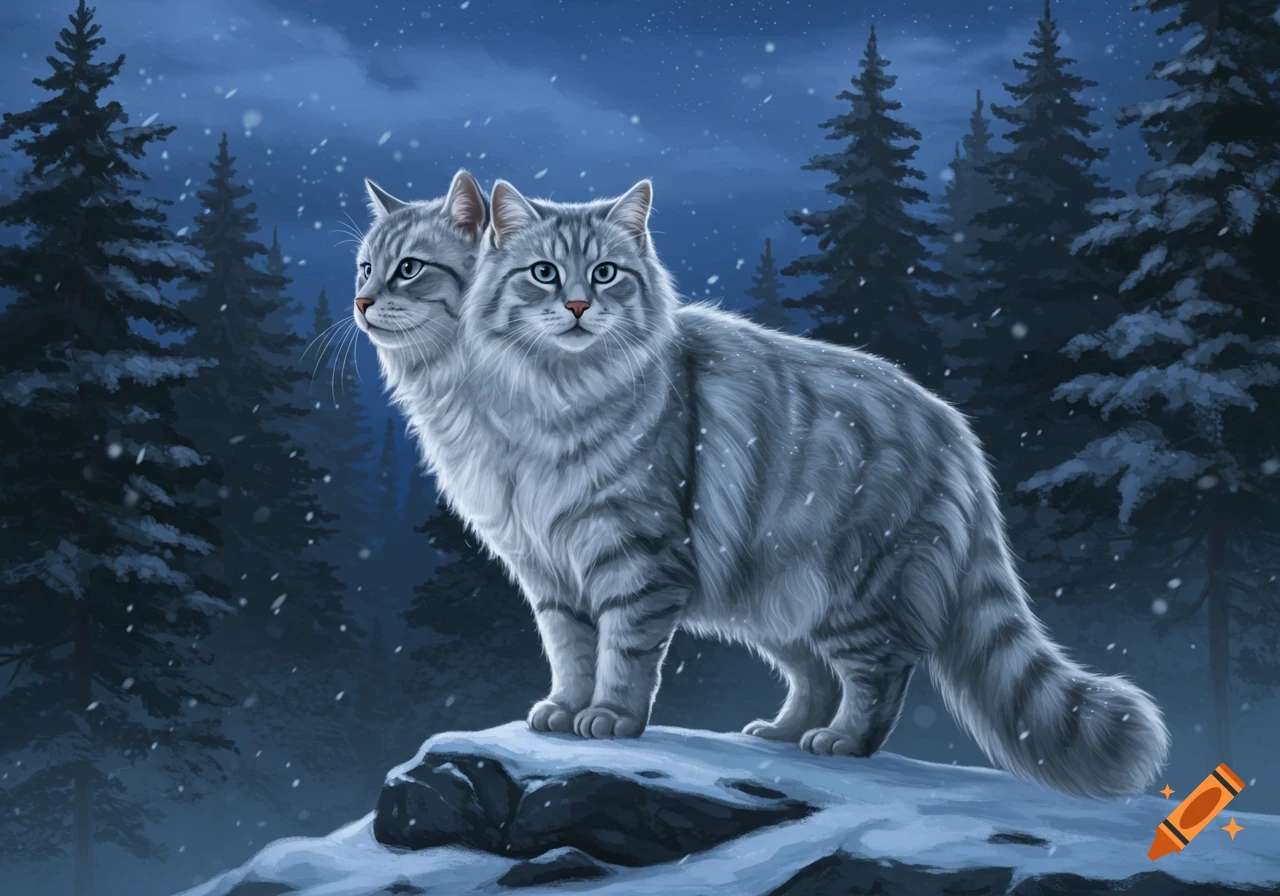 A two-headed gray cat with blue eyes stands on a snowy rock in a dark, snowy forest at night.