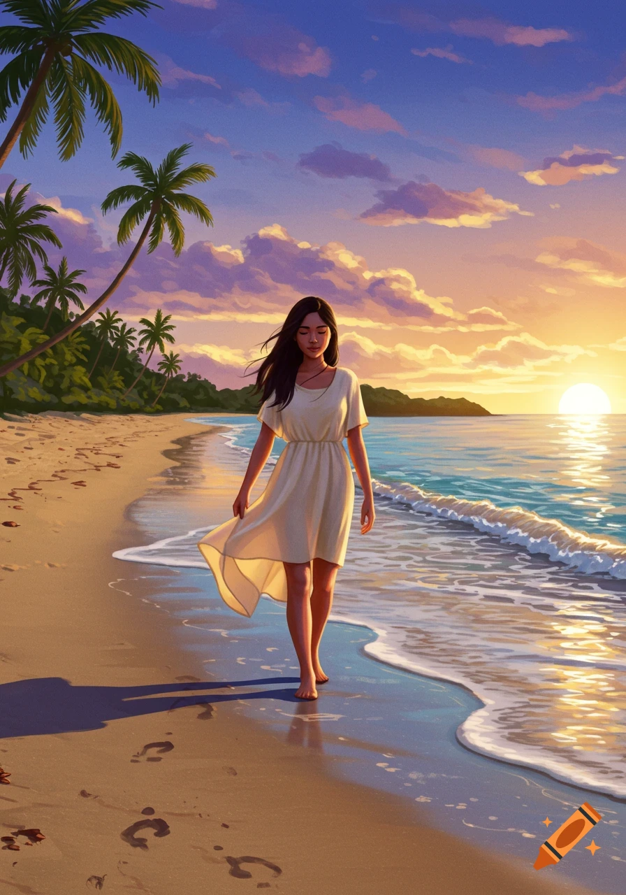 Illustrated Filipina woman in white dress walking on a beach at sunset with palm trees.