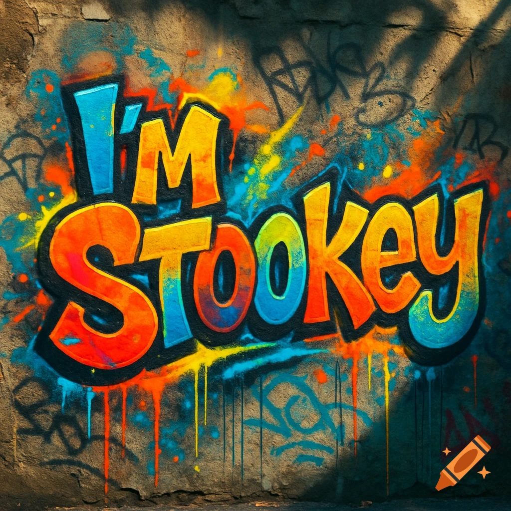 Vibrant, colorful graffiti art spells 'I'm Stookey' on a textured wall with paint drips and background tags.
