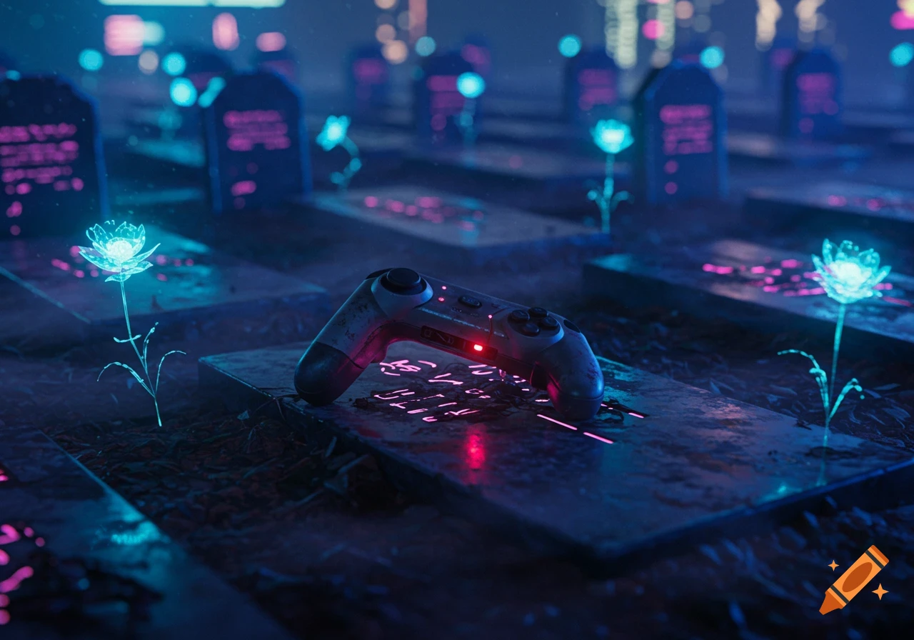 A video game controller rests on a futuristic gravestone in a neon-lit graveyard with glowing flowers and blurred city lights in the background.