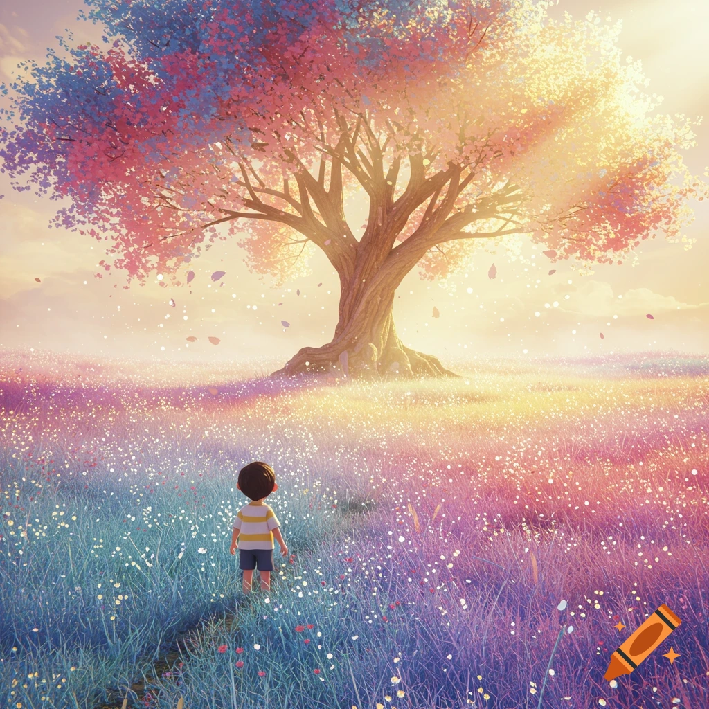 A child stands in a vibrant field of colorful flowers, looking at a magnificent tree with pink and blue leaves under a radiant sky.