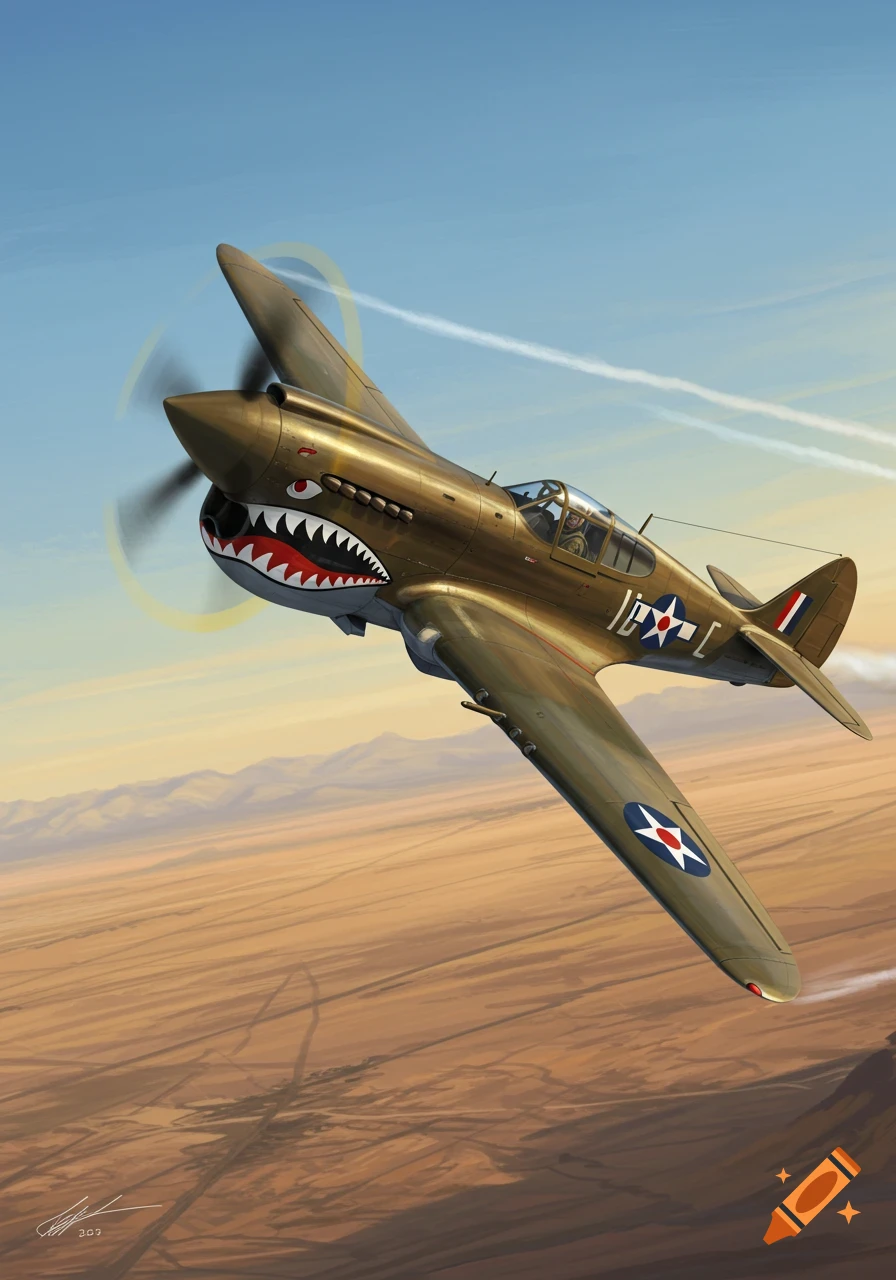 An olive drab P-40 Warhawk fighter plane with a shark mouth nose art flying over a desert landscape, illustration style.