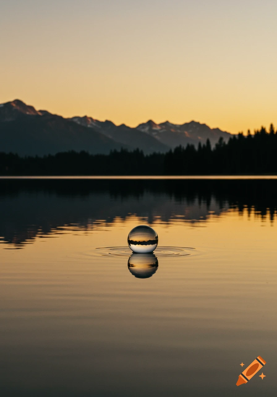 A glass sphere floats on a calm lake, reflecting silhouetted mountains and trees under a golden hour sky.