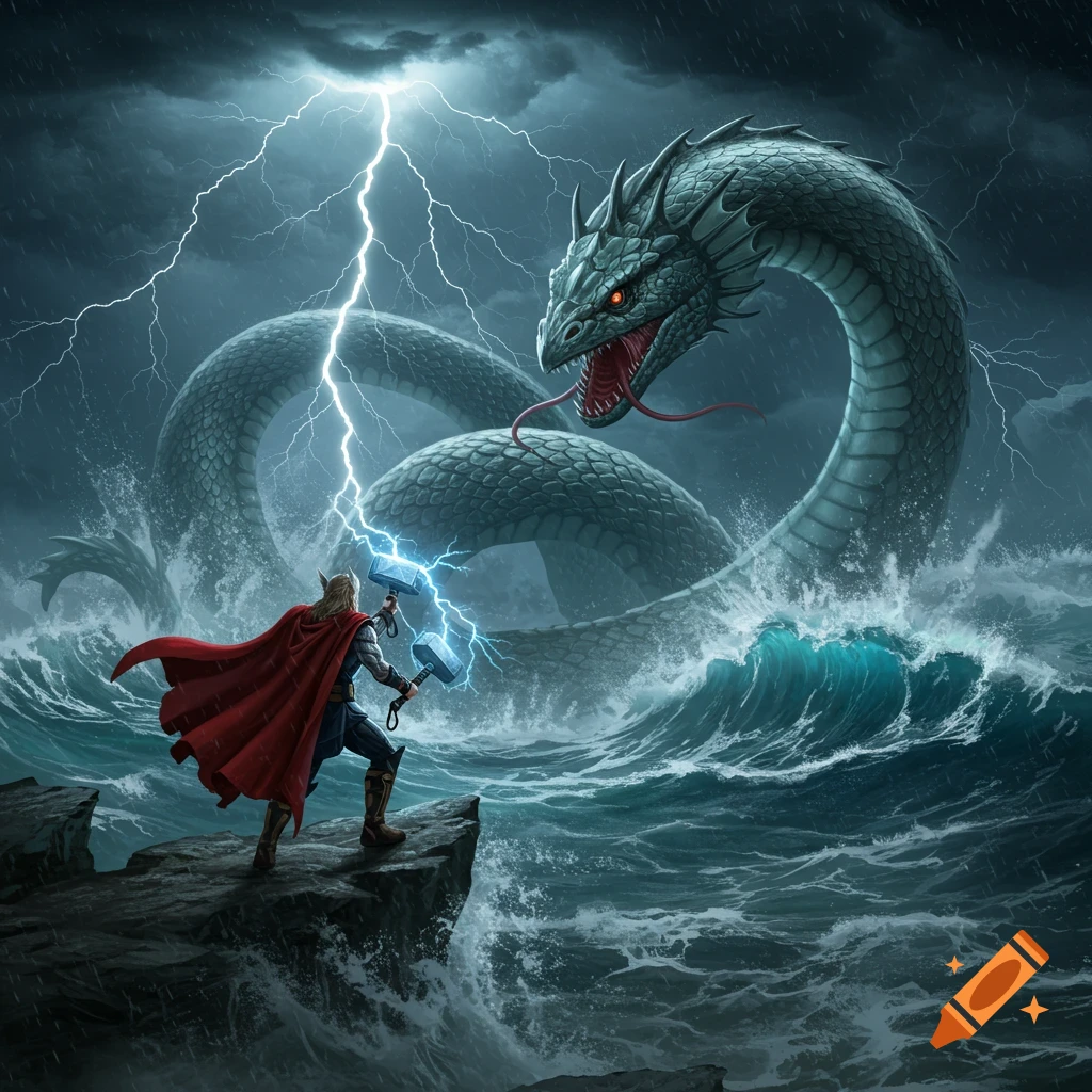 Thor, wielding two glowing hammers, battles the massive sea serpent Jormungandr amidst a lightning storm over a raging ocean.
