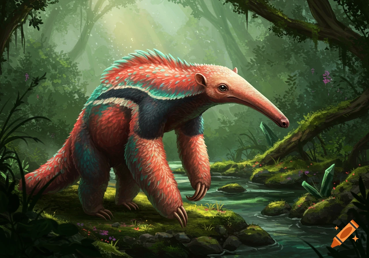 Colorful fantasy anteater-like creature with red, teal, and black fur walks by a stream in a lush, vibrant jungle. Digital painting.