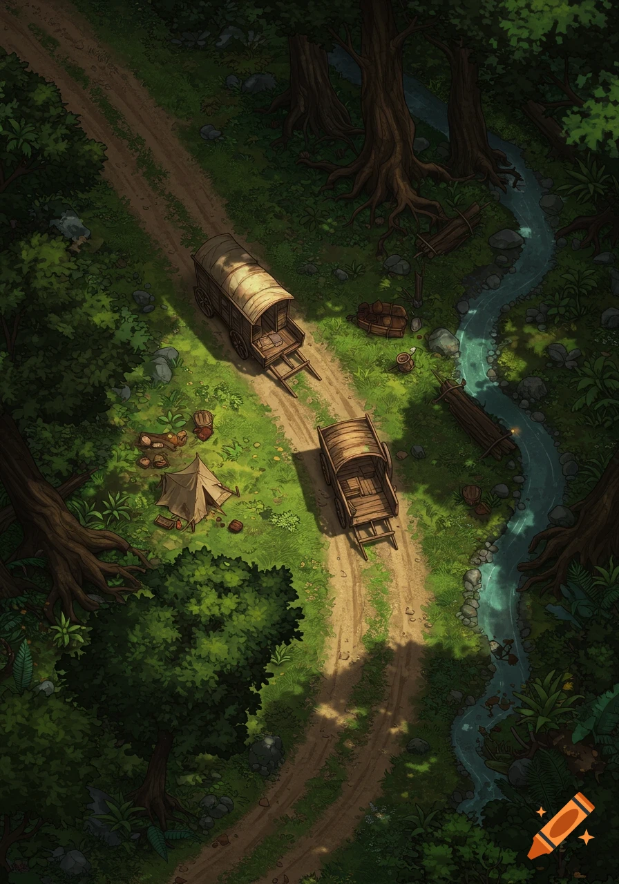 Top-down D&D map showing a caravan with two wagons and a tent on a dirt road in a forest next to a river.