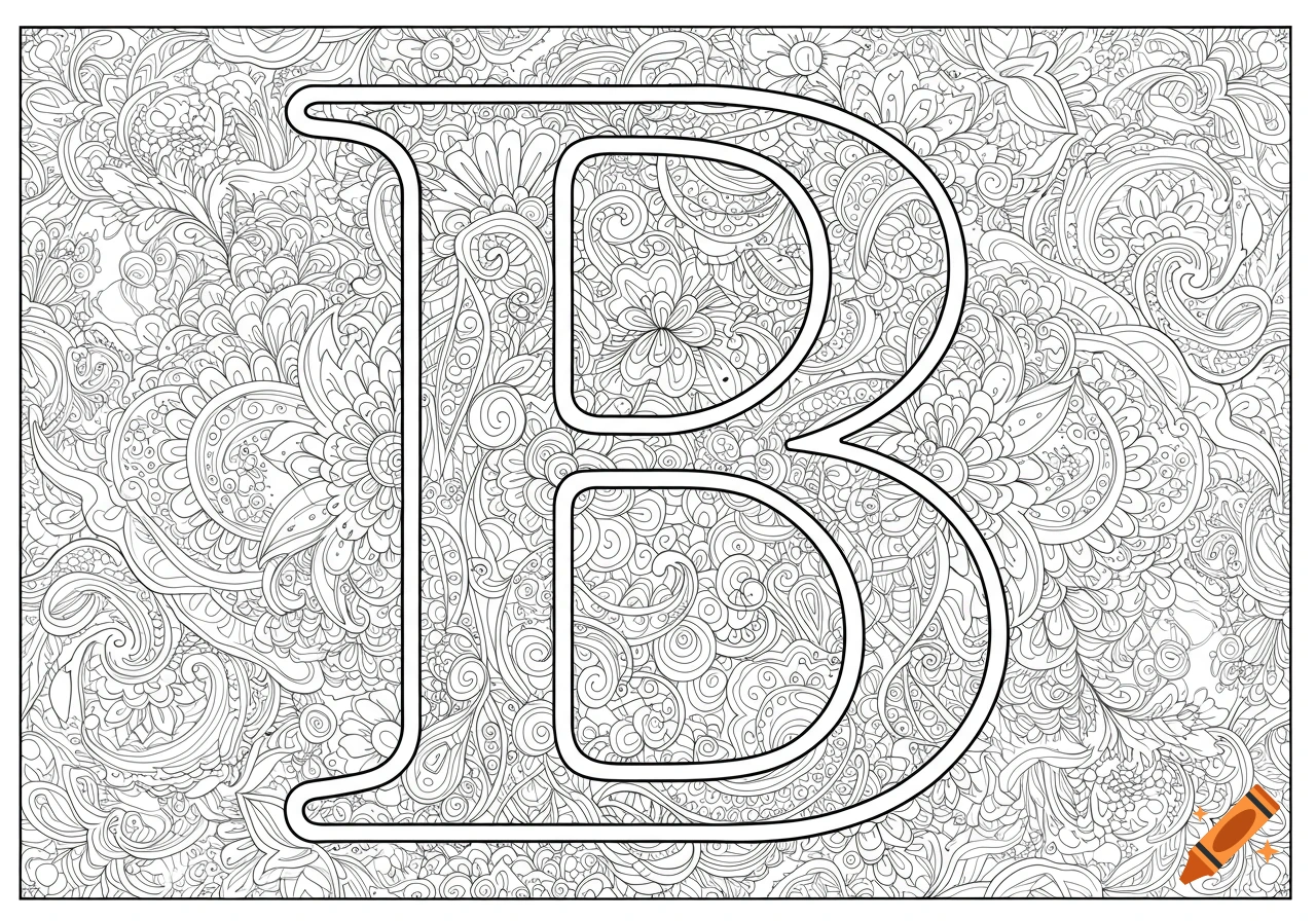 A black and white coloring page featuring a large, ornate capital letter B, filled with and surrounded by intricate floral and paisley patterns.