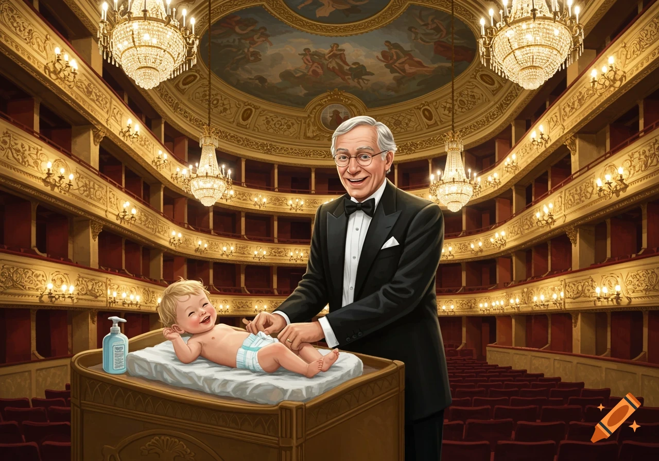 A senior man in a tuxedo changes a smiling toddler's diaper on a changing table in a grand opera house.