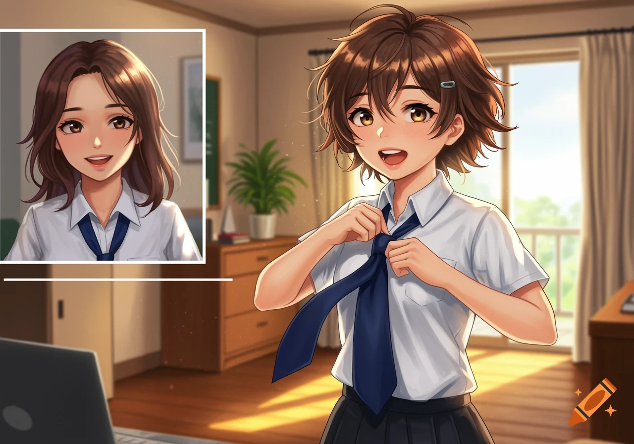 Anime girl in school uniform adjusting her navy tie, with another girl in an inset, set in a bright room.