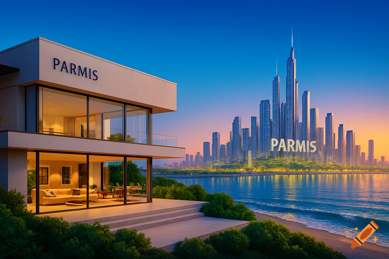 A modern house with large glass windows overlooking a beach and ocean, with a futuristic city skyline and the name 'Parmis' in the background at sunset.