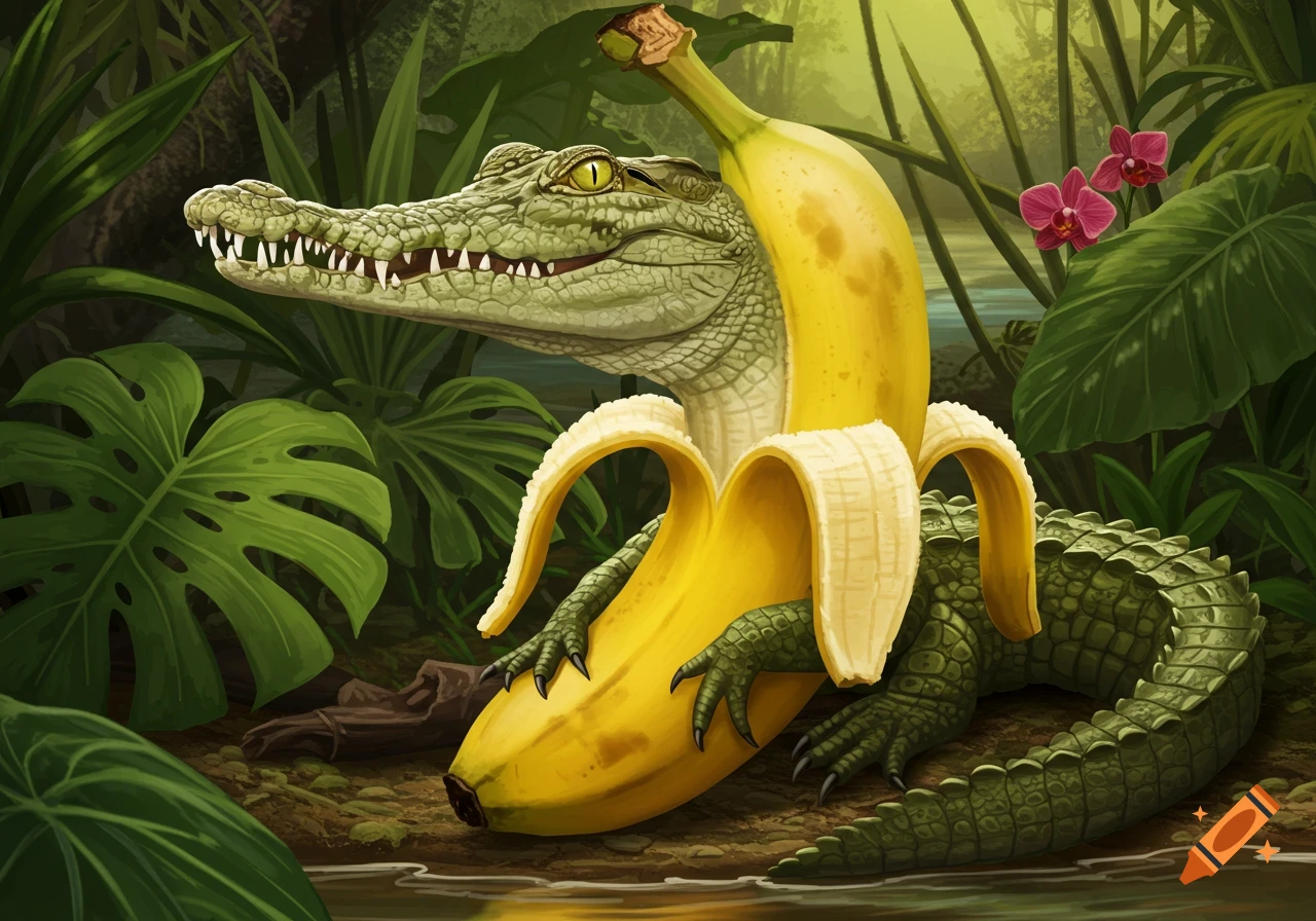 A whimsical illustration of a green crocodile's head and legs emerging from a peeled yellow banana in a lush jungle setting.