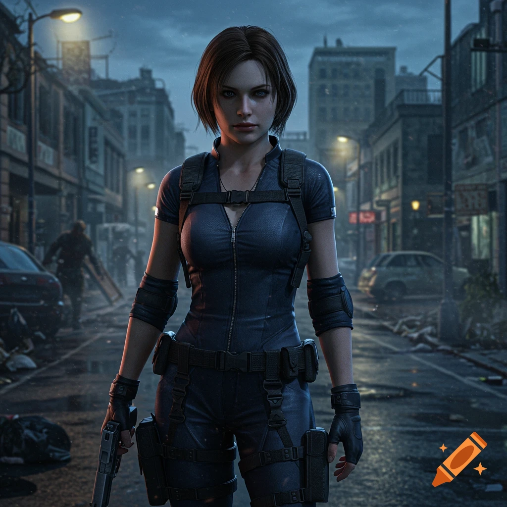 A photorealistic depiction of Jill Valentine holding a pistol in a ruined urban street at night.