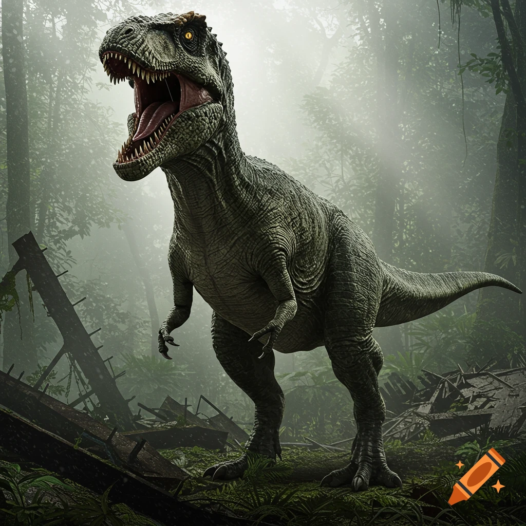 A large, green, scaly dinosaur with an open mouth and sharp teeth roars in a misty, lush jungle with fallen trees.
