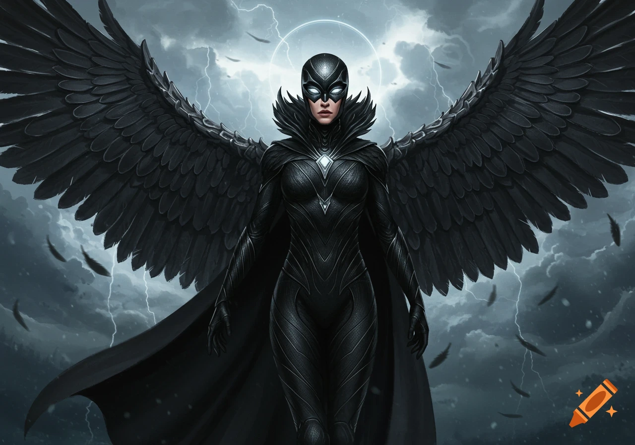 A female superhero in a black armored suit with large black wings, a mask, and glowing silver eyes, stands against a stormy sky with lightning.