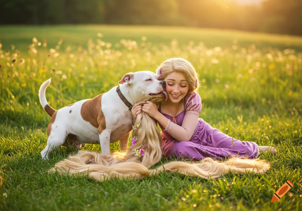 A smiling Rapunzel, in a purple dress, hugs a white and brown pitbull that licks her long blonde hair in a sunny, grassy field.