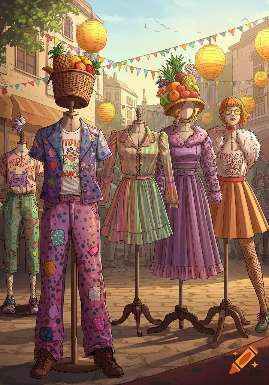 Colorful cartoon illustration of mannequins in whimsical, patched, and striped outfits with fruit-adorned hats at a vibrant outdoor market.