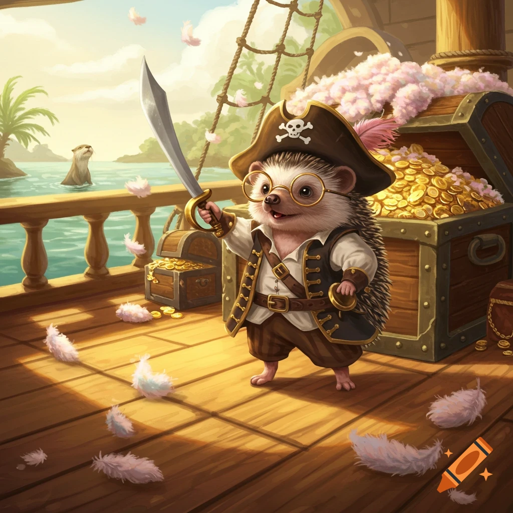 A cute hedgehog pirate with glasses and a sabre stands on a ship deck overflowing with treasure and feathers. An otter is in the water.