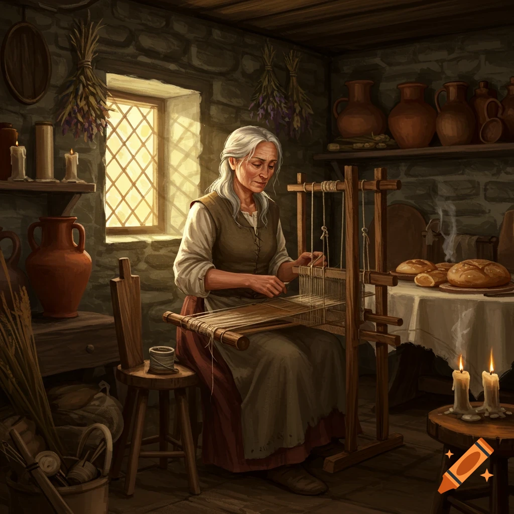 A realistic painting of a middle-aged woman with grey hair weaving on a loom inside a rustic home.