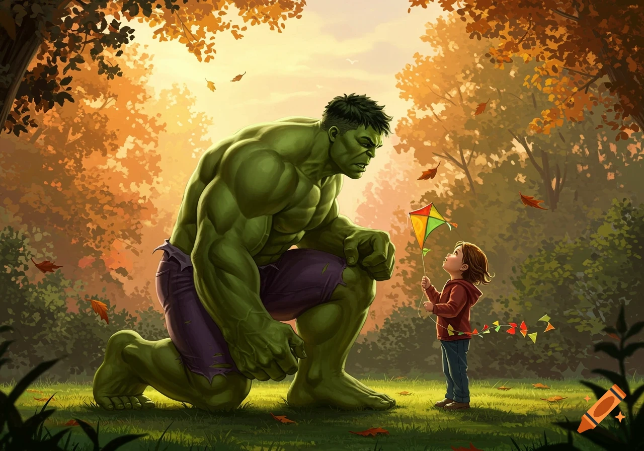 The Hulk kneels in an autumn forest, looking at a small child holding a colorful kite, illustrated.