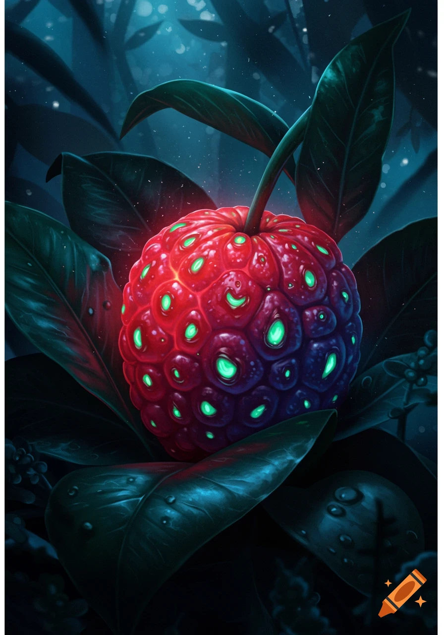 A vibrant, bioluminescent red and purple fantastical fruit with green glowing spots, nestled among dark foliage in a shadowy, magical forest.