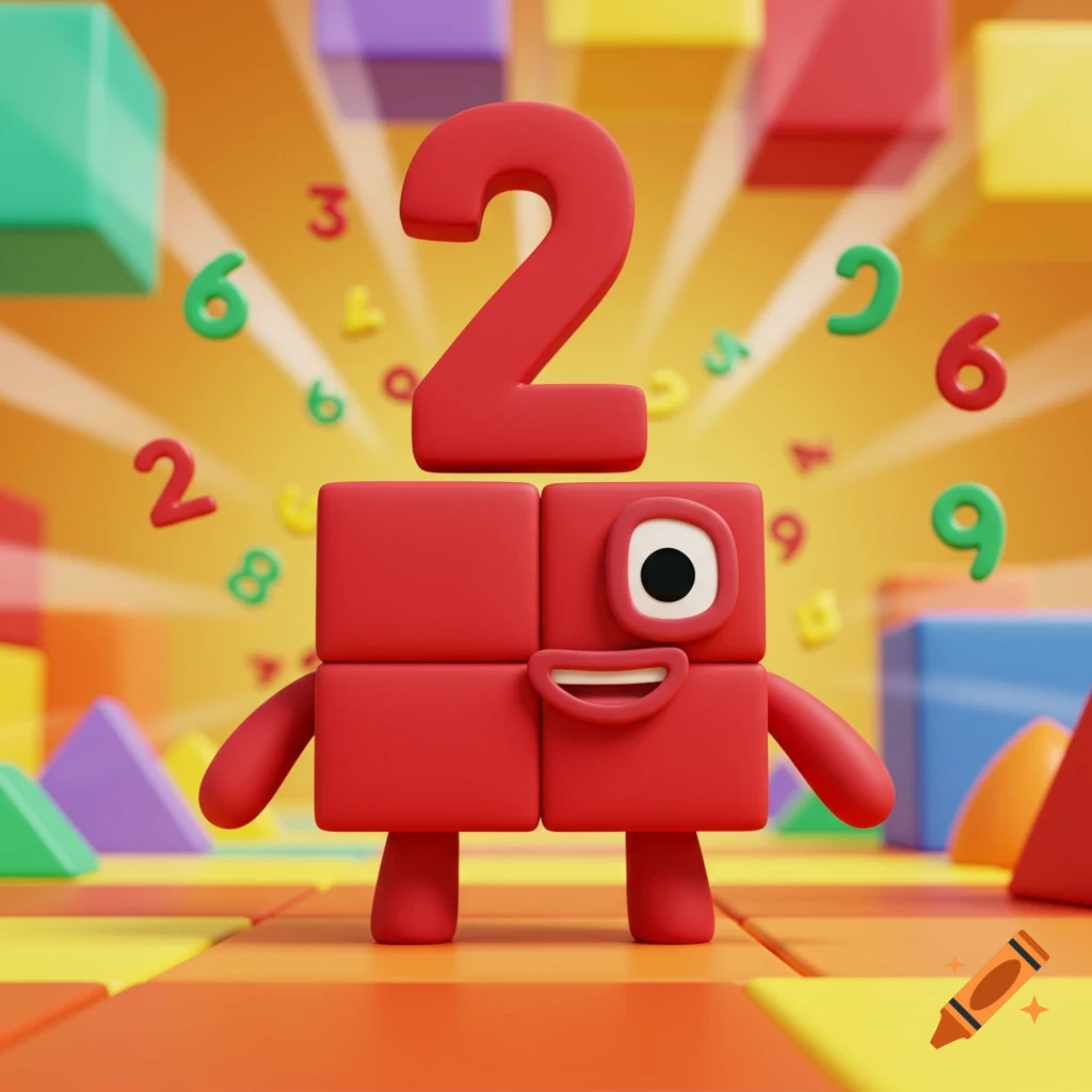 A red cartoon block character with a large number 2 on its head, surrounded by colorful blocks and floating numbers.