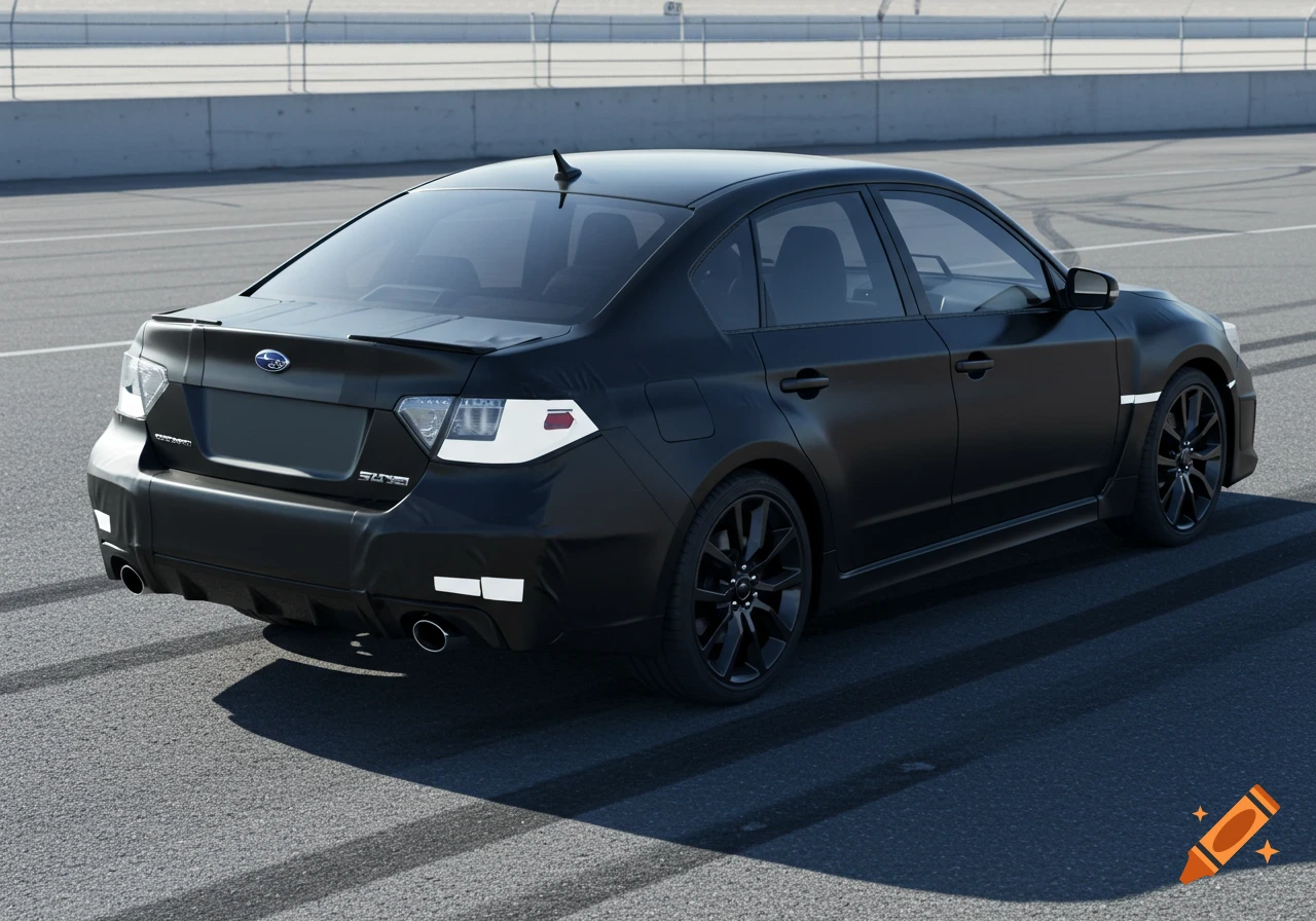 A dark, matte black Subaru Impreza sedan, viewed from the rear-left, on an asphalt track or road, with faint tire marks.