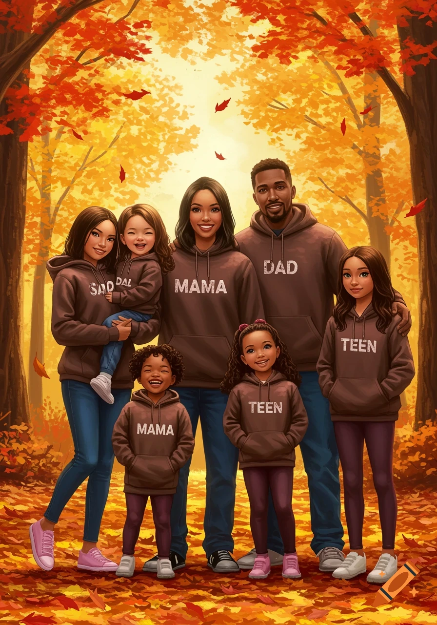 A happy family, two adults and five children, posing in brown hoodies with fall leaves in the background. Hoodies read "MAMA", "DAD", "TEEN", and some garbled text.