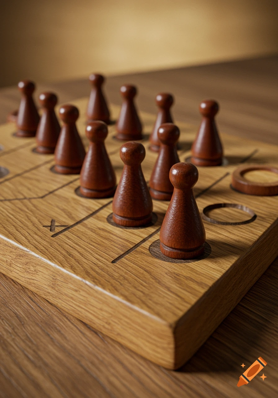 Close-up photo of a wooden peg game board with numerous dark brown pawns and engraved lines and circles.