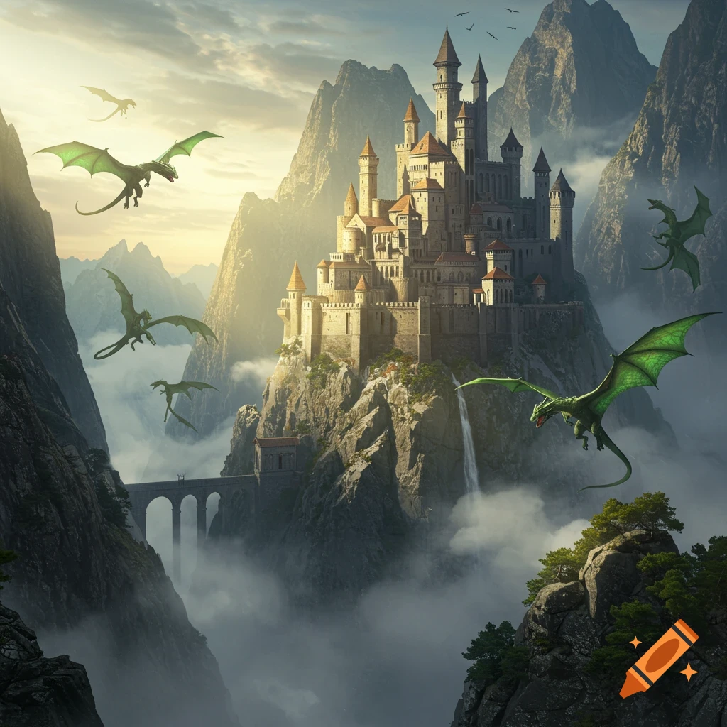 A majestic castle sits atop a craggy mountain peak surrounded by clouds, with several green dragons flying through the air.
