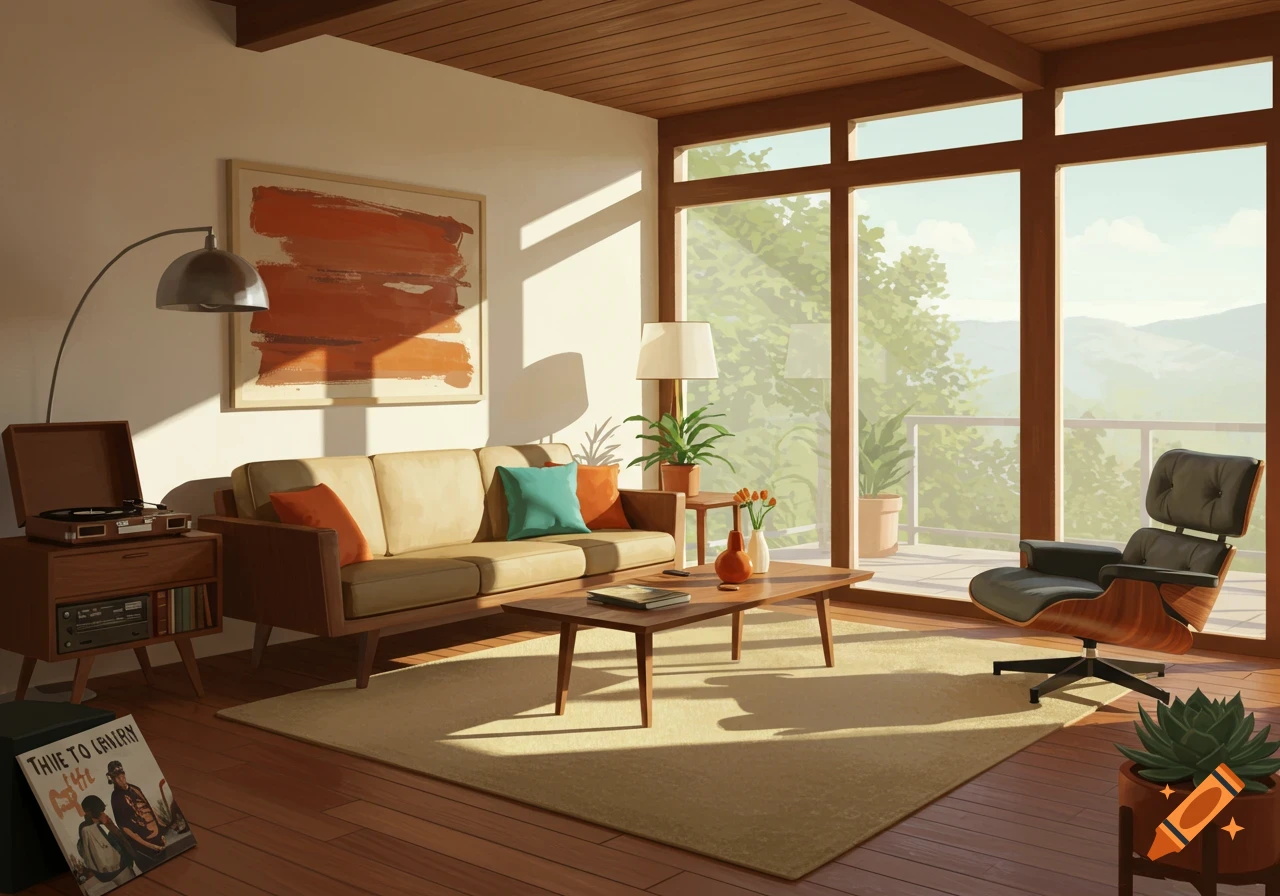 A sunlit mid-century modern living room with a beige couch, a record player, and a black armchair by large windows overlooking trees.