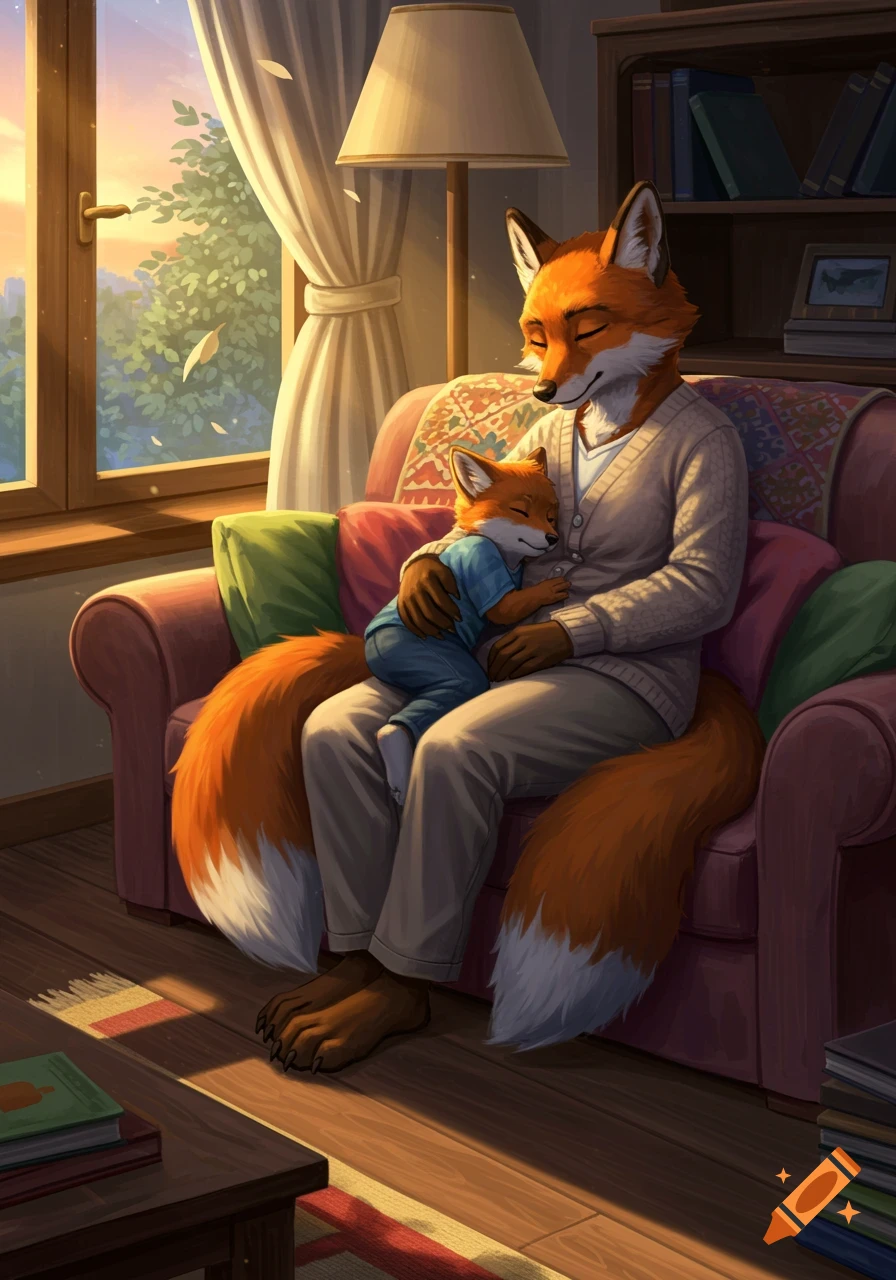 Digital art of an anthropomorphic fox mother and son sleeping cuddled on a couch in a cozy, sunlit room.