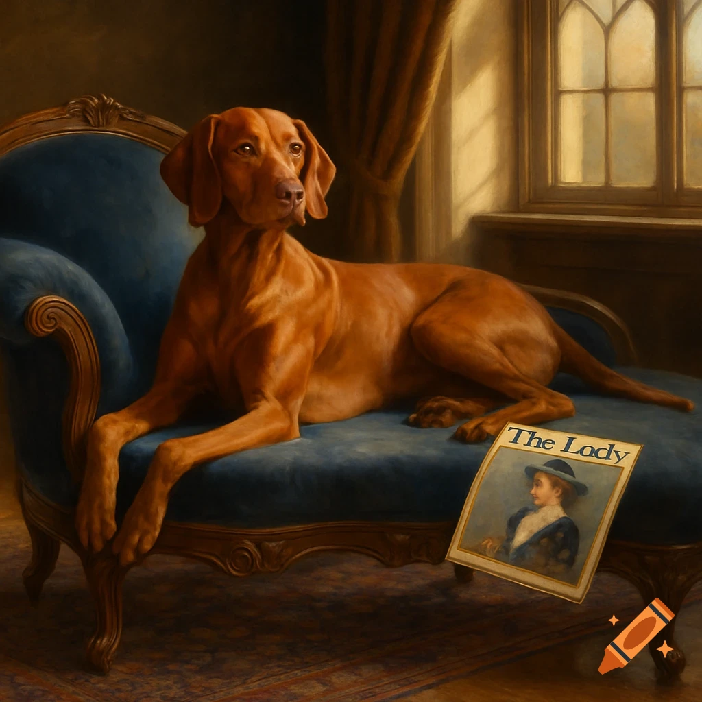 A classical painting of a reddish-brown Vizsla dog lounging on a blue chaise longue with a magazine titled 'The Lady'.