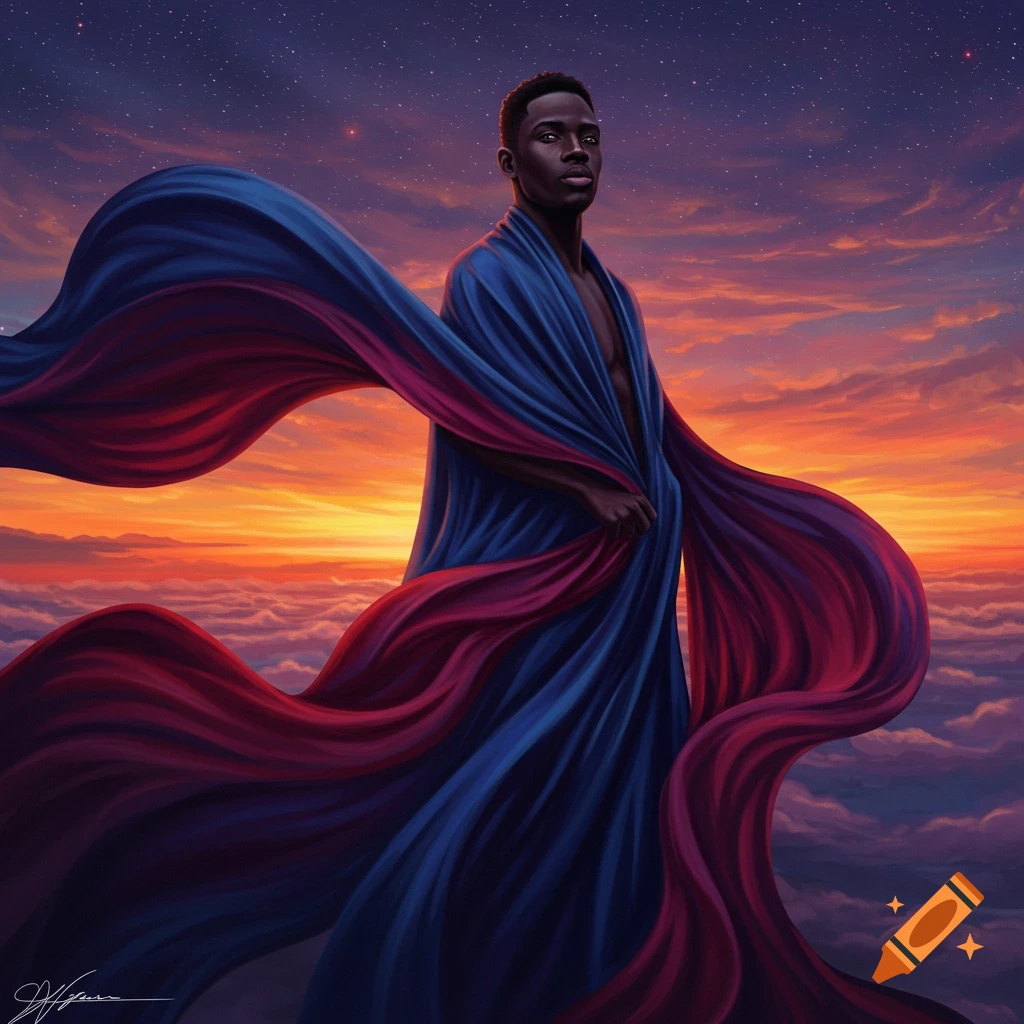 A Black man in flowing blue and red fabric stands against a dramatic sunset and starry sky, with clouds below.