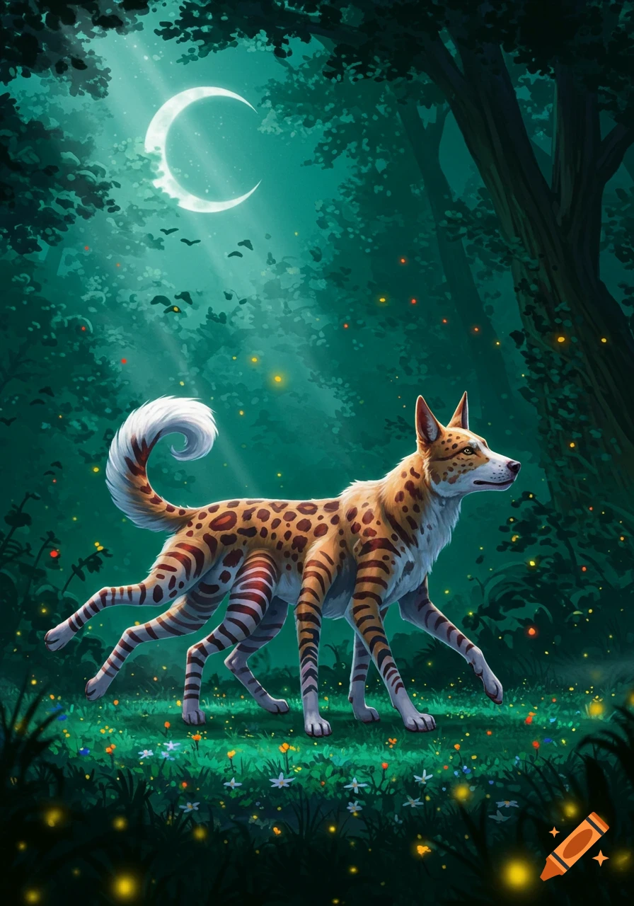 A multi-legged, spotted, and striped dog-like creature walks through a glowing, enchanted forest under a crescent moon.