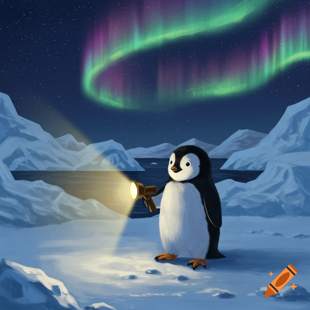 A cute cartoon penguin holds a flashlight on a snowy arctic landscape under a vibrant green and purple aurora borealis.