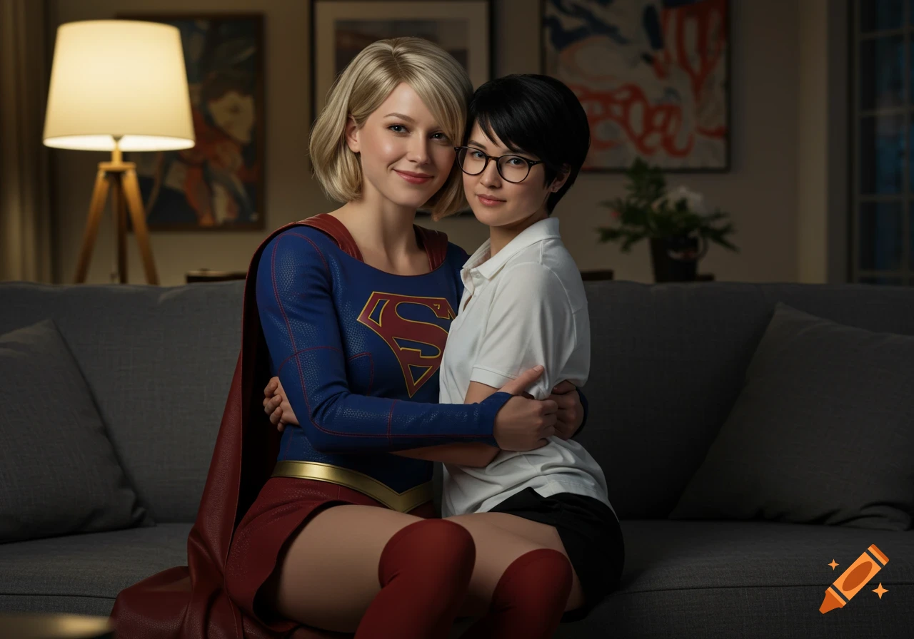 Photorealistic image of Supergirl with short blonde hair hugging her girlfriend with short black hair and glasses on a couch in their home.