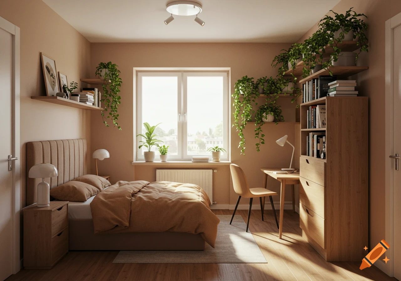 A cozy bedroom with a twin bed, wooden desk and bookshelves, and numerous potted plants on shelves and the windowsill, bathed in warm sunlight.