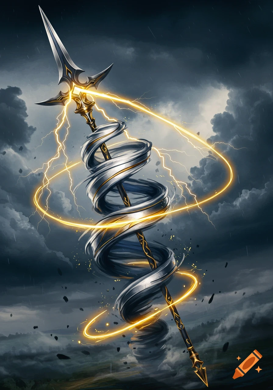 A detailed fantasy spear, entwined by a metallic ribbon, with golden lightning bolts against a dark, stormy sky and a distant tornado.