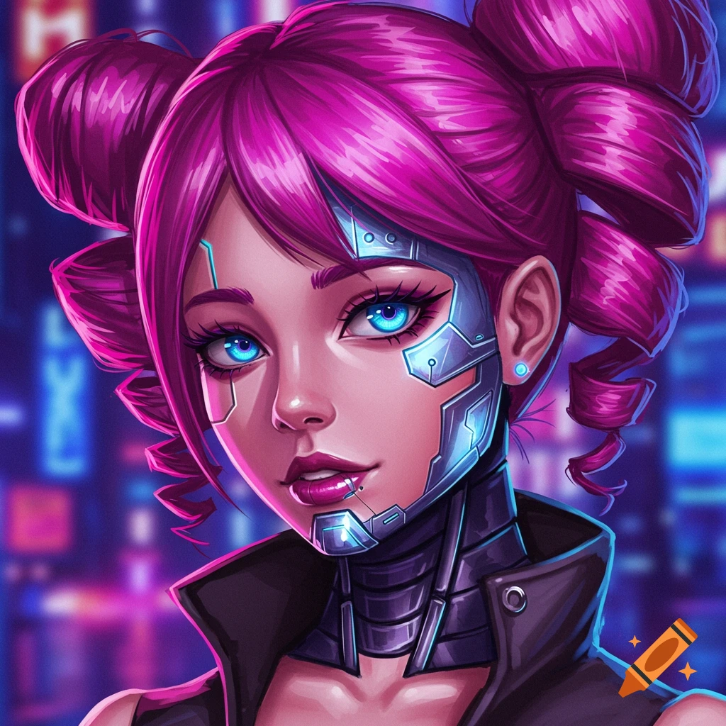 Anime-style portrait of a woman with pink hair, glowing blue eyes, and cybernetic face implants against a neon city background.