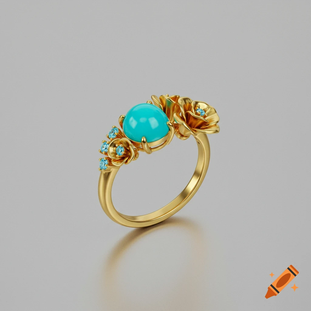 A gold ring featuring a large domed turquoise stone flanked by golden tuberose flowers and small turquoise gems.