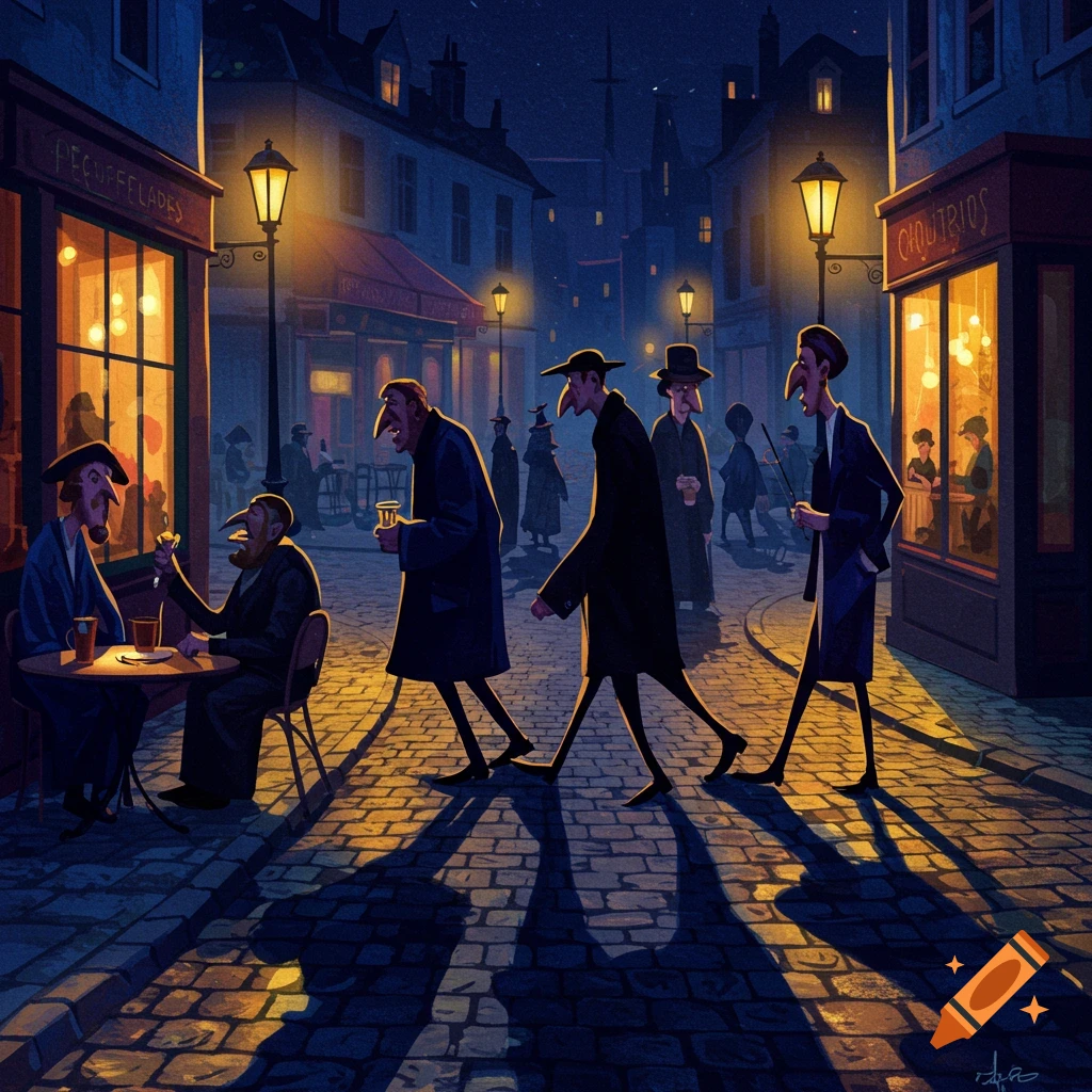 Stylized painting of people with exaggerated features on a dark, lamp-lit cobbled street at night, in the style of Edward Burra.