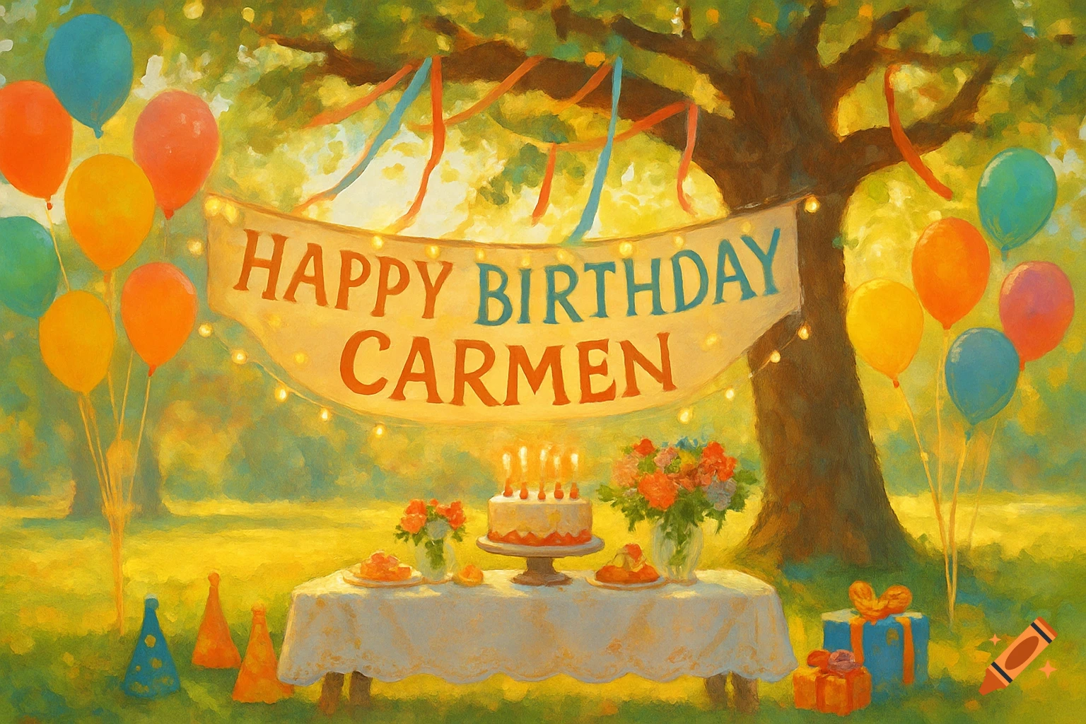 Impressionistic painting of an outdoor birthday party with a banner, cake, balloons, and presents under a tree.