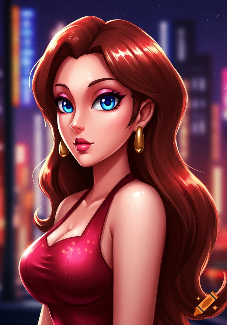 Anime portrait of Pauline with long brown hair and blue eyes, wearing a red dress, against a blurred city night background.